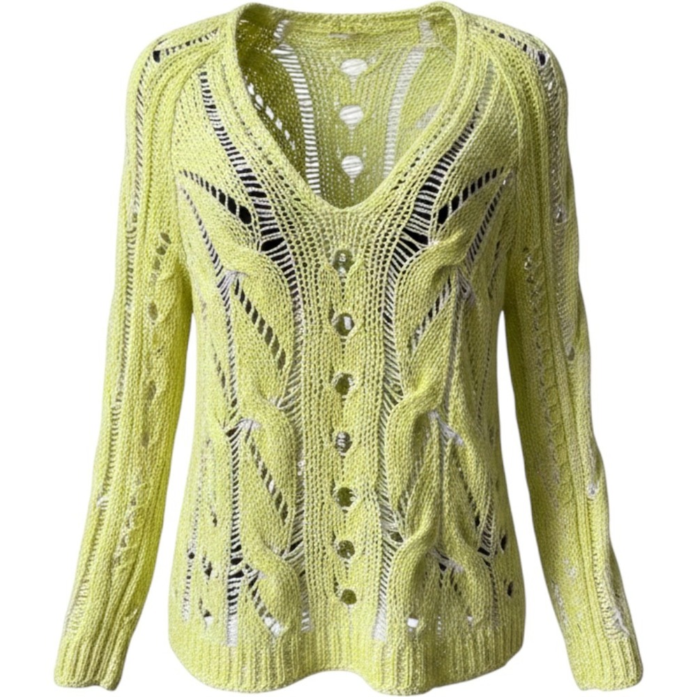 Free People Lime Green White Marled Open Knit V-Neck Sweater S Boho Pointelle